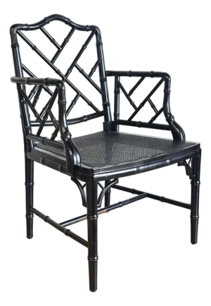Vintage Black Faux Bamboo Chippendale Style Arm Chair