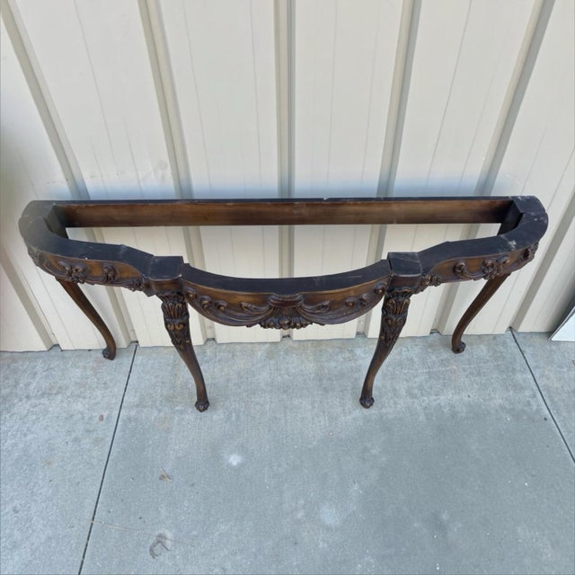 French Italian French Louis XV Style Carved Mahogany & Marble Top Demilune Console Tables - Pair For Sale - Image 3 of 8