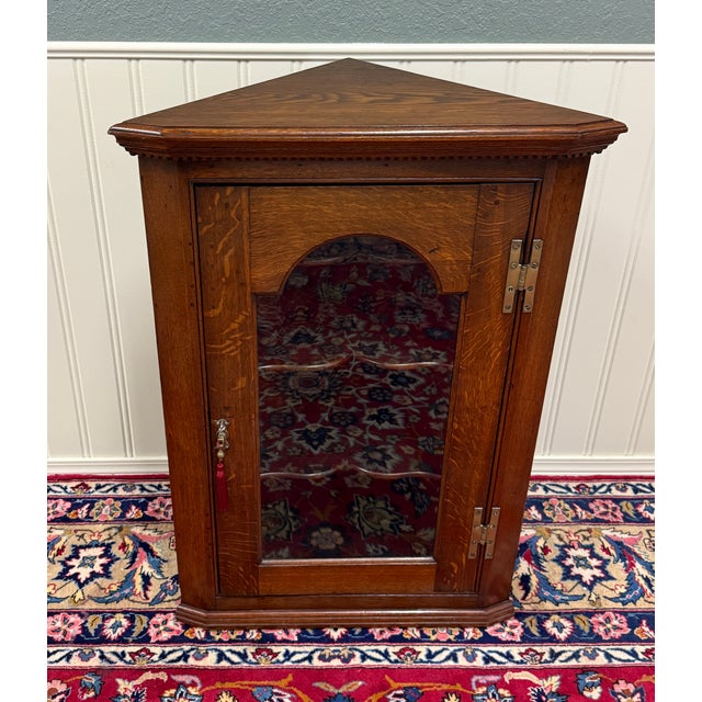 Antique English Corner Cabinet Carved Oak Hanging Wall Cabinet Storage c.1920s For Sale - Image 4 of 18