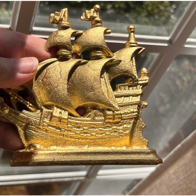 Bronze Antique Bronze Gilded Bookend Sailing Boat 1803 Galleon Time of Elizabeth Stamp For Sale - Image 8 of 10
