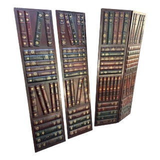 Late 20th Century Four Panel Wooden Screen / Room Divider With Leather Embossed Classic Book Bindings - Set of 4 For Sale