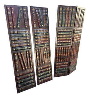Late 20th Century Four Panel Wooden Screen / Room Divider With Leather Embossed Classic Book Bindings - Set of 4