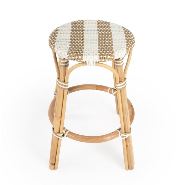 Transitional Tobias 24 in. Seat Height Round Rattan Backless Counter Stool, Tan/White Stripe/ Natural Rattan Frame For Sale - Image 3 of 8