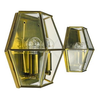 Hexagonal Gold Brass and Crystal Sconces, 1970s, Set of 2 For Sale