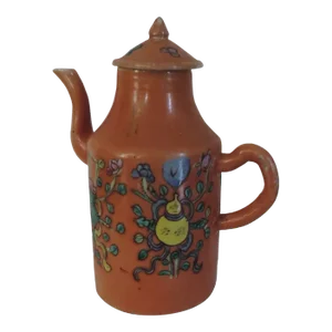 19th Century Chinese Porcelain Wine Ewer in Famille Rose Palette on Orange Ground