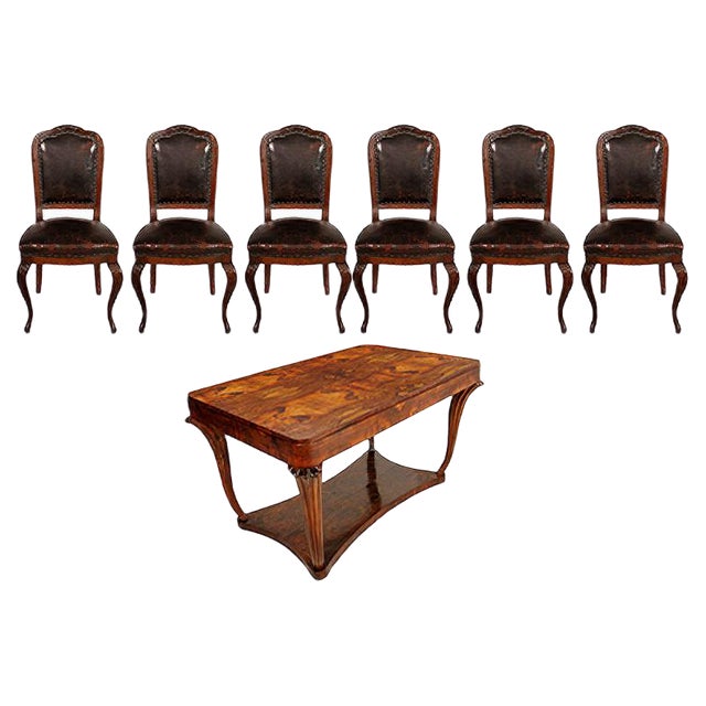 Art Deco Burl Walnut Table and Chairs by Testolini & Salviati, 1920s, Set of 7 For Sale