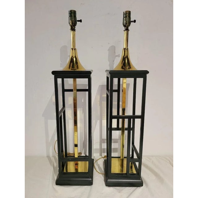 Mid-Century Modern Tommi Parzinger Style Brass Tone Lantern Lamps- a Pair For Sale - Image 3 of 8