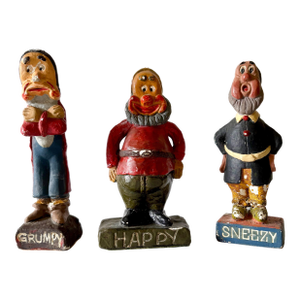 Vintage 1940s Snow White & the Seven Dwarfs Chalkware Figures Grumpy, Happy & Sneezy