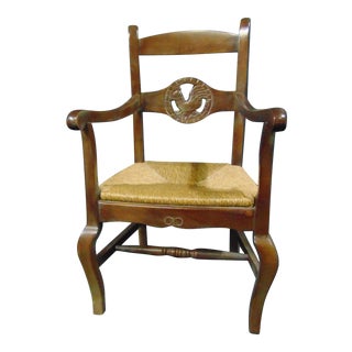 Country French Fruitwood Rooster Carved Rush Seat Arm Chair For Sale