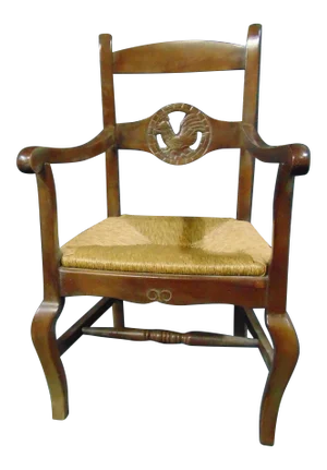 Country French Fruitwood Rooster Carved Rush Seat Arm Chair