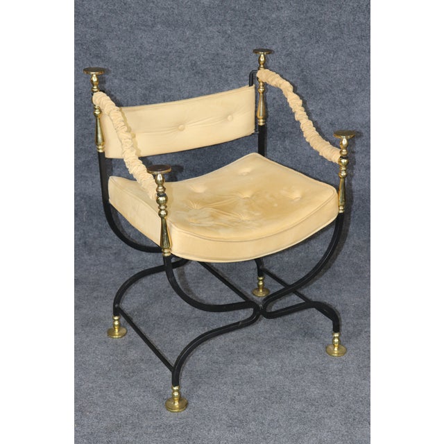 Brass 1940's Pair Italian Brass and Steel Jansen Style Savonarola Armchairs For Sale - Image 8 of 16