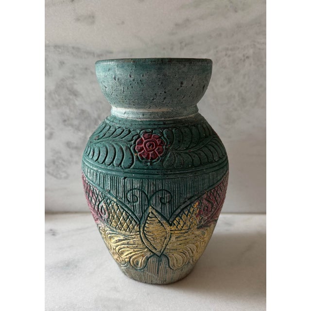 Folk Art Handmade Sgraffito Pottery Vase With Butterfly and Floral Design For Sale - Image 3 of 9