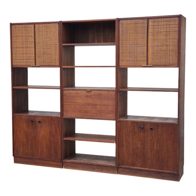 1960s 3-Bay Walnut & Cane Wall Unit Room Divider Bookshelves W/ Drop Down Bar or Desk, Manner of Jack Cartwright for Founders For Sale
