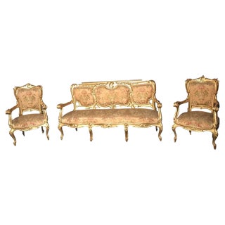 Italian 19th Century Gilt Living Room Set with Sofà and Armchairs, Set of 3 For Sale