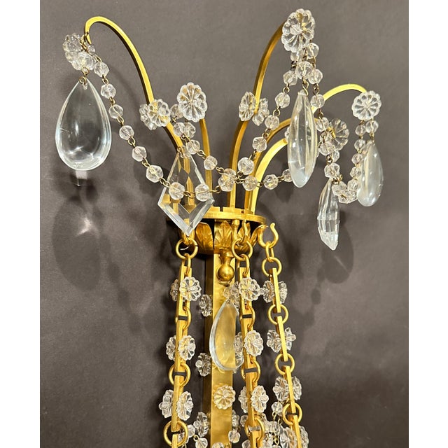 Metal Early 21st Century Pair Of Gilt Bronze And Crystal Louis XVI Style Wall Sconces For Sale - Image 7 of 8