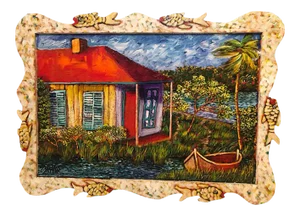 2006 "Joe’s Fishing Shack" Folk Art Style Painting, Framed