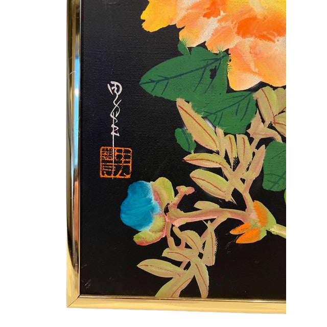 Original Traditional Chinese "Flower and Bird" Oil Painting in a Modern Brass Frame For Sale - Image 13 of 16