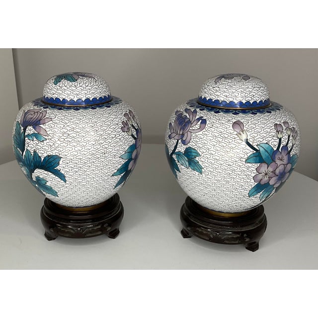 Metal 1960s Pair of Cloisonné Lidded Ginger Jars With Stands For Sale - Image 7 of 12