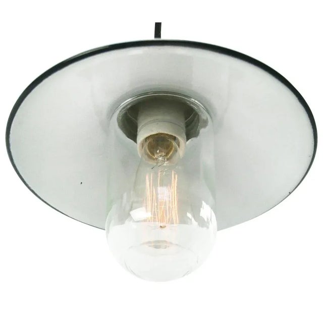Mid-Century Modern Vintage Petrol Enamel, Brass and Clear Glass Pendant Light For Sale - Image 3 of 5