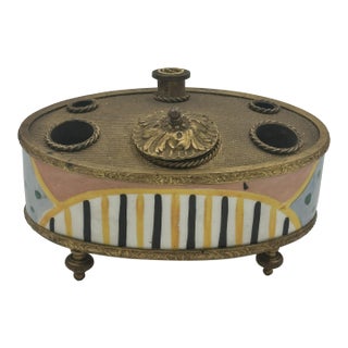 Antique Enameled & Gilt Metal Inkwell • Hand‑Painted Porcelain Base • Ornate Desk Accessory For Sale