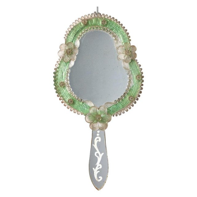 1950s Mid-Century Murano Glass Floral Decorative Hand Mirror, Italy, 1950s For Sale - Image 5 of 5