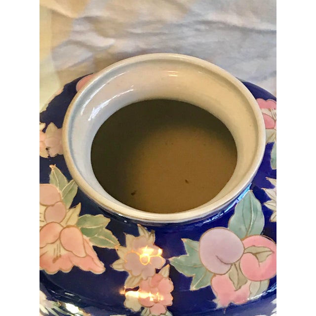 Metal Vintage Floral and Fruit Chinoiserie Blue Gold Pink Jardiniere Vase For Sale - Image 7 of 12