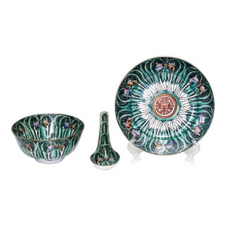 Vintage Cabbage Leaf Porcelain, 3 Piece Rice Bowl Set With Dragonfly & Longllife Design, Hong Kong / Japan For Sale