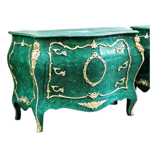 Grand French Louis XV Style Green Commode With Gold Leaf & Bronze Details – Luxury 3 Drawer Chest For Sale