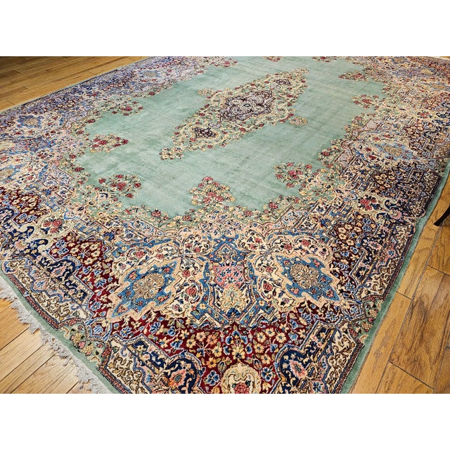 Vintage Oversize Persian Kerman in Floral Pattern in Pale Green, Red, Blue, Pink For Sale - Image 12 of 12