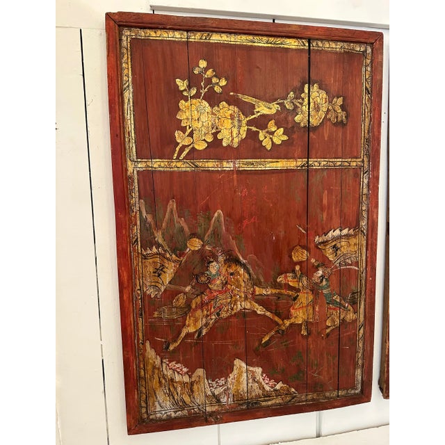 Pair of Distressed Antique Chinese Hand Painted Wooden Panels For Sale In Philadelphia - Image 6 of 13