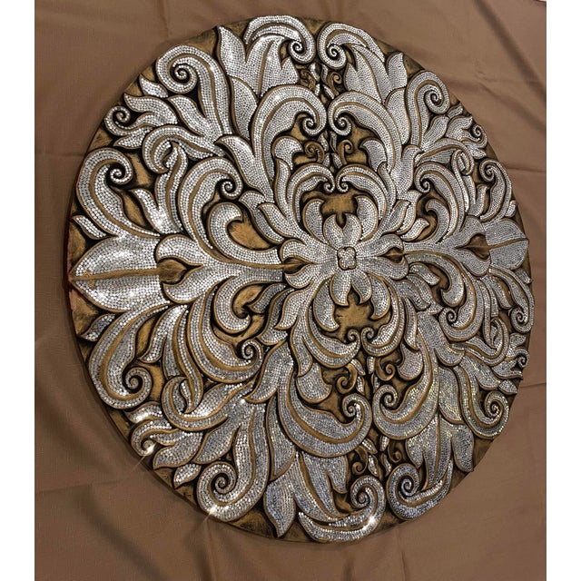 Early 21st Century Oversized Baroque Filigree Round Carved Medallion Wall Plaque With Metallic Micro-Beading For Sale - Image 5 of 12