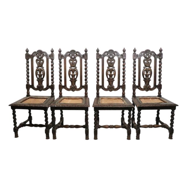 Set of Four Antique Tall Back Barley Twist Oak Dining Chairs For Sale