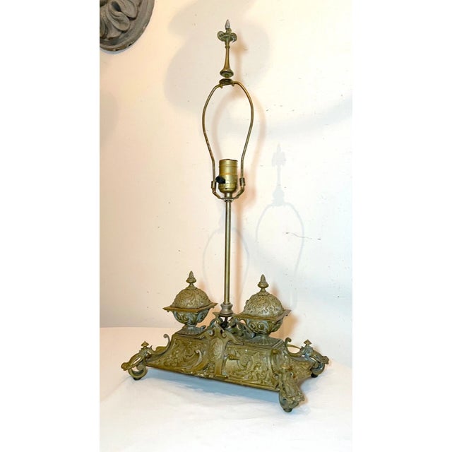 Up for sale is a very high quality antique 19th century Victorian bronze writing inkwell lamp. It's made of very thick...