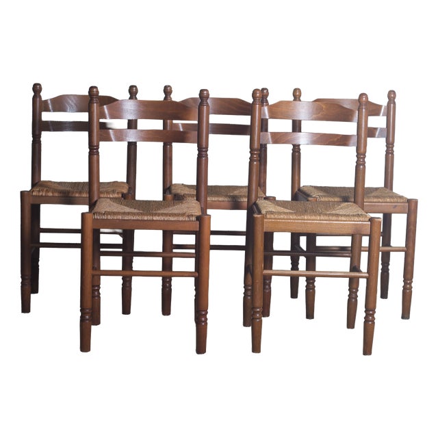 Antique French Country Dining Chairs Rush Seats, 1960s, Set of 5 For Sale
