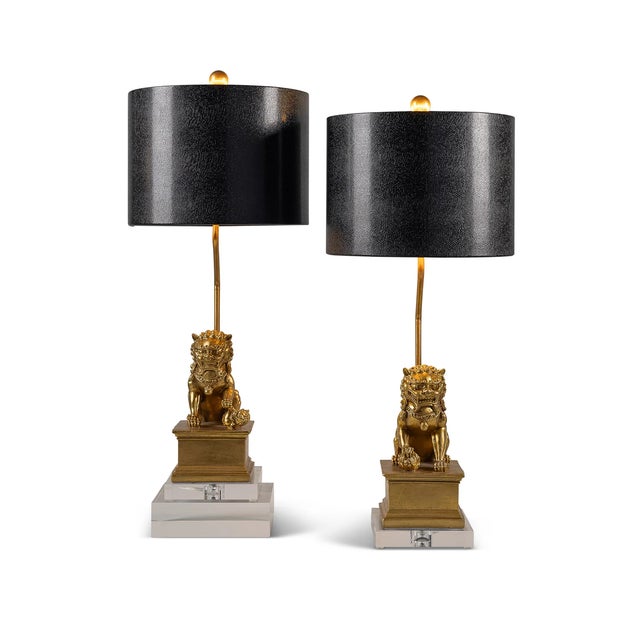 2020s Dynasty Foo Dog Gold Accent Lamps, Set of 2 For Sale - Image 5 of 5