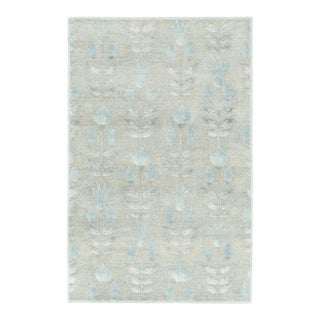 Rug & Kilim’s Block Print Rug With Beige-Gray and Steel Blue Florals For Sale