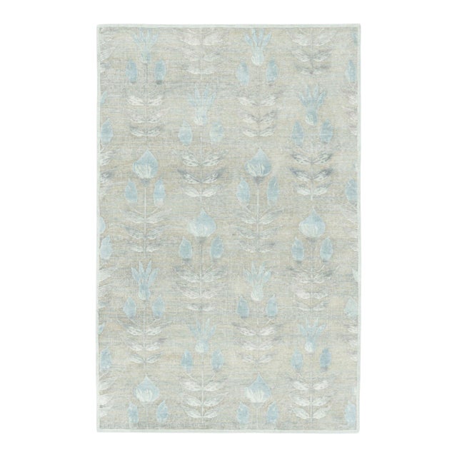 Rug & Kilim’s Block Print Rug With Beige-Gray and Steel Blue Florals For Sale
