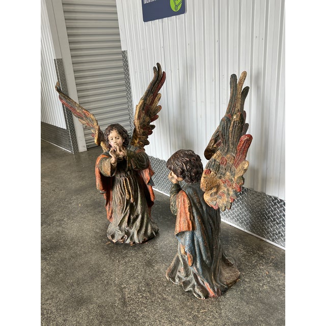 Religious Large Late 20th Century Continental Hand Carved Wood Angels - a Pair For Sale - Image 3 of 11