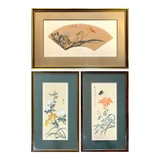 1980's Chinese Floral Paintings on Silk - Set of Three For Sale