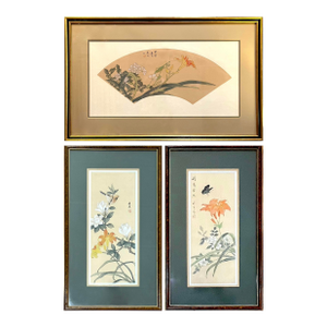 1980's Chinese Floral Paintings on Silk - Set of Three
