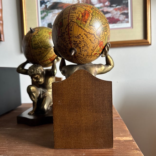 Metal 20th Century MCM Brass Hercules and Globe Bookends For Sale - Image 7 of 12