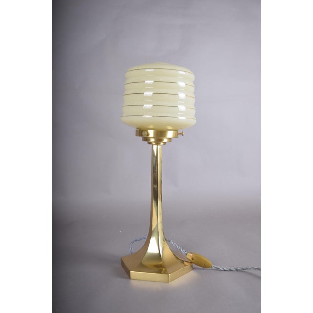 1990s Josef Hoffmann Style Brass Table Lamp, Opaline Glass Shade, Wiener Werkstätte Inspired, Austria / Europe, 1990s For Sale - Image 5 of 13