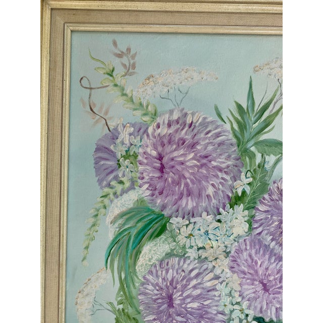 1960’s Purple Mum Floral Arrangement Still Life Painting- Framed For Sale - Image 4 of 9