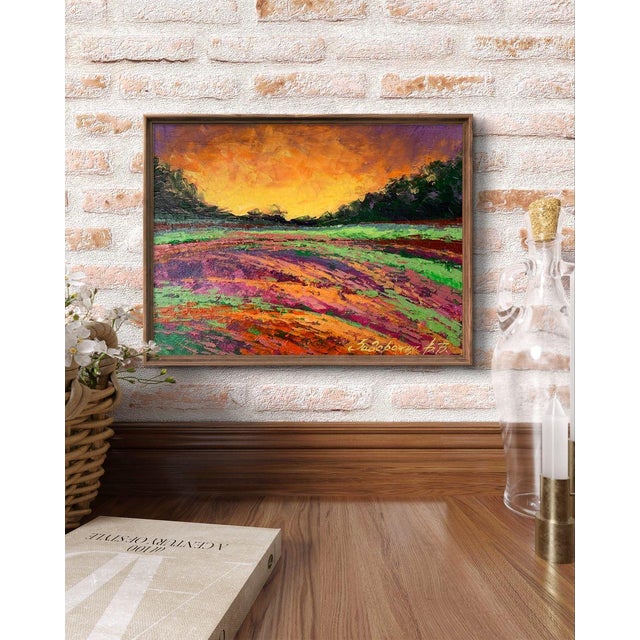 The painting titled ""Sunset Behind the Forest"" is a striking depiction of nature's vibrant transformation during the...