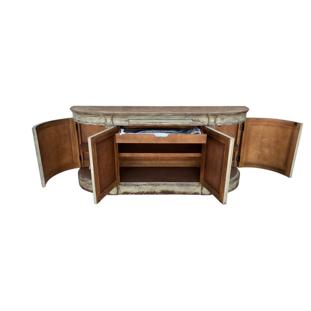 French Country 1990s Ethan Allen Emanuel Demilune Sideboard Console Buffet Credenza Distressed For Sale - Image 3 of 15