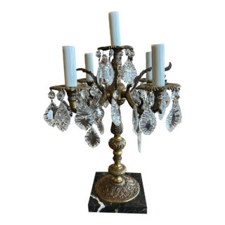 1940s Victorian Brass, Marble and Crystal 5-Arm Table Lamp For Sale
