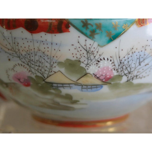 Japanese Antique Japanese Kutani Egg Shell Porcelain Hand Painted Cup and Saucer Set- 2 Pieces For Sale - Image 3 of 7