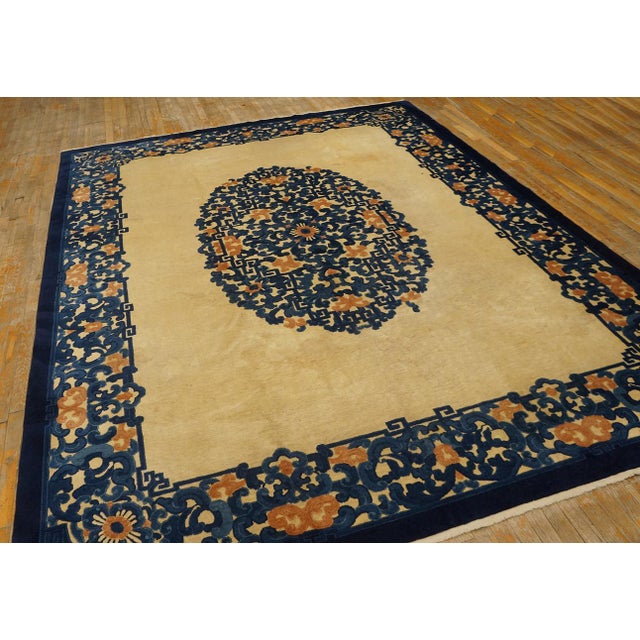 Textile Superb Tan Beige and Blue Color With Chinoiserie Design Antique Chinese Peking Rug For Sale - Image 7 of 10