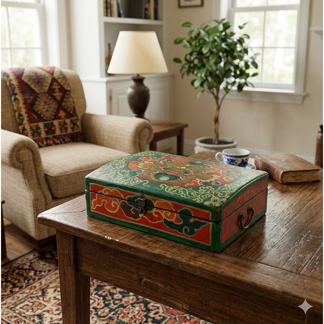 Oriental Rectangular Green Color Kirin Dragon Accent Box For Sale In San Francisco - Image 6 of 6