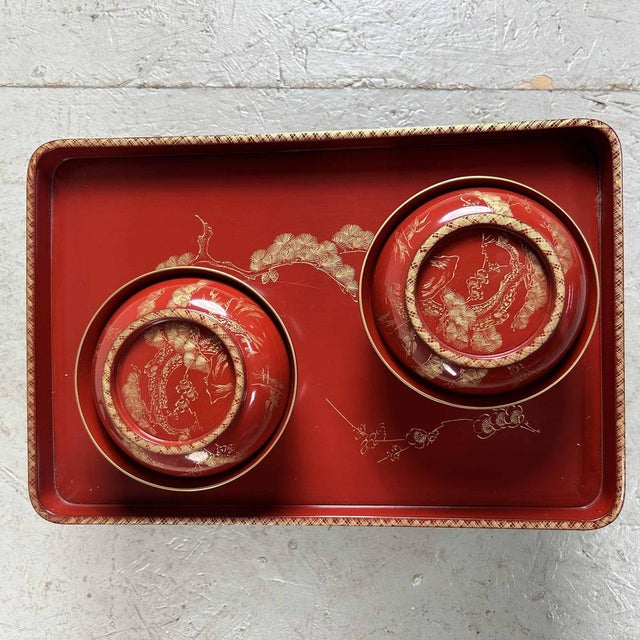 Wood Taisho Era Shu-Nuri Ozen Dinner Set, Japan, 1920s, Set of 7 For Sale - Image 7 of 15